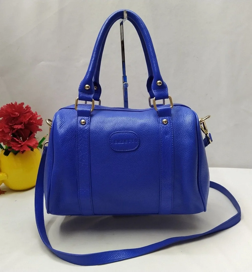 Terzetto Blue Pebbled Leather Double Handle Zipper Closure Satchel Shoulder Bag